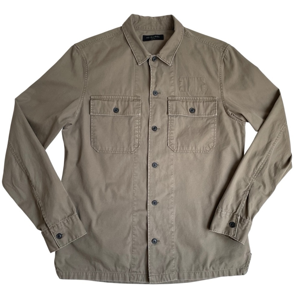 Allsaints Fearnot LS OverShirt Shacket Men’s Large Army Gray Green Utility Shirt